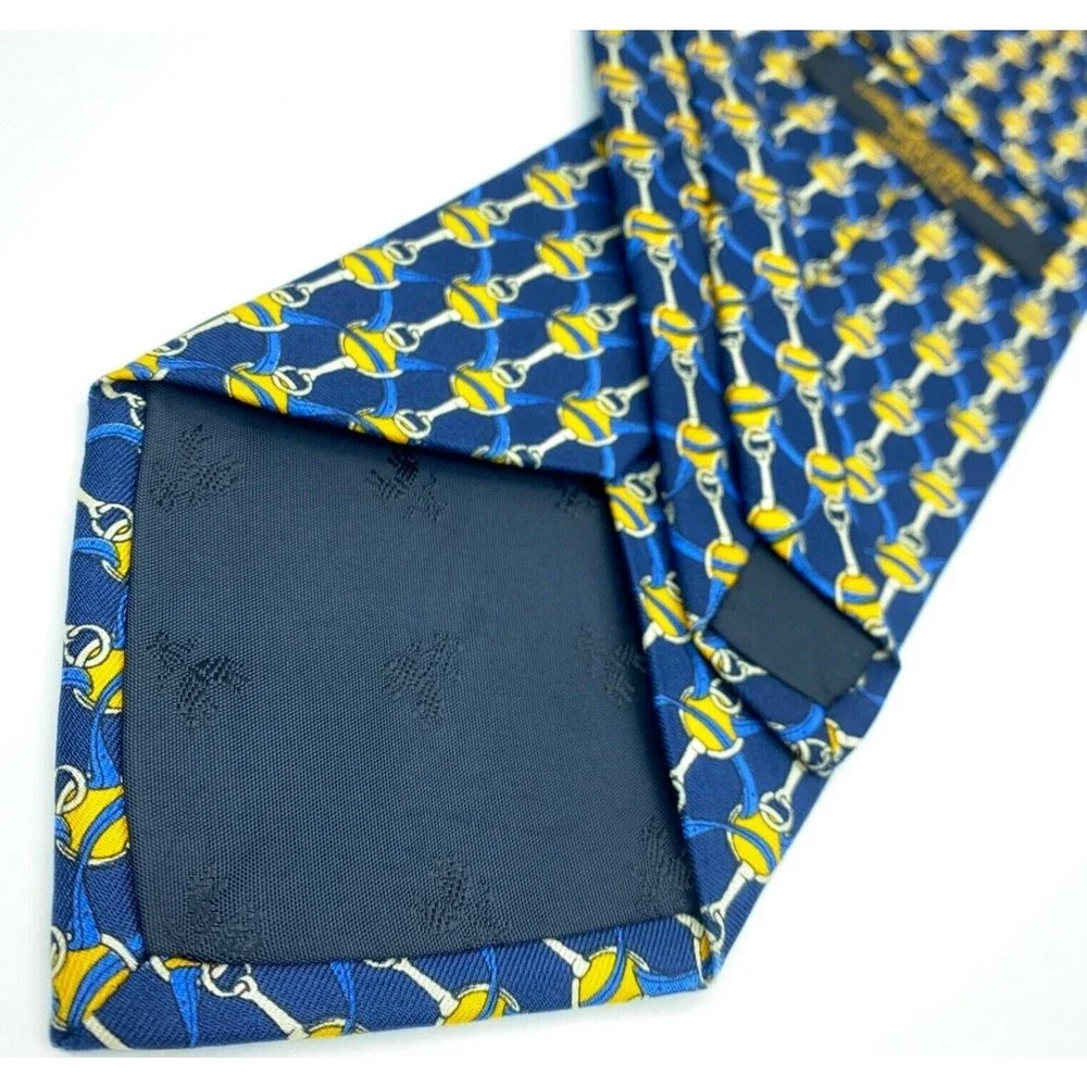 BROOKS BROTHERS MAKERS All Silk Equestrian Motif Blue Yellow Necktie Made in USA